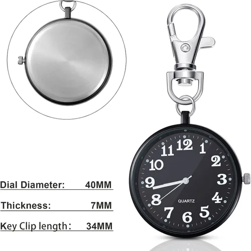 Vista 7 de Junkin Reloj de bolsillo de cuarzo de 2 piezas con hebilla de llave redonda llavero clip en reloj portátil unisex