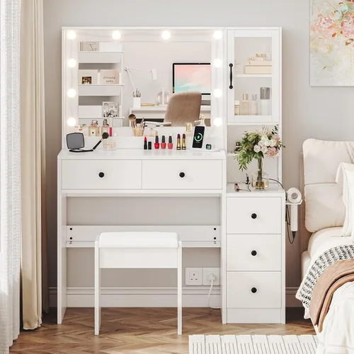 Vista 7 de Tocador de maquillaje con luces y estación de carga, mesa de tocador blanca con 5 cajones y estantes de almacenamiento abiertos, escritorio