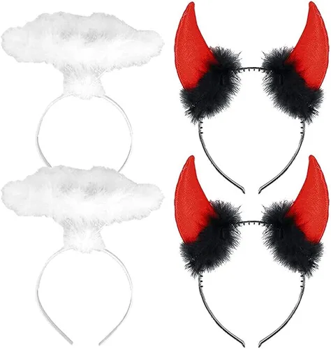 Juego de diadema de ángel y cuernos de diablo Accesorio de disfraz de ángel y diablo para cosplay 4 piezas blanco Angel rojo cuernos banda para el