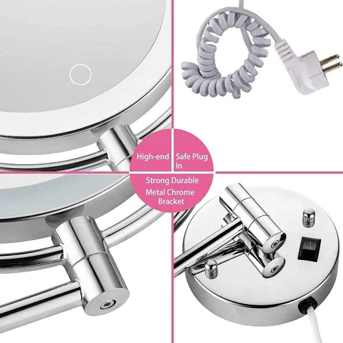 Vista 7 de Wall Mounted Makeup Mirror LED Touch Button Stepless Adjustable Light Double Sided 1X/5x Magnifying Vanity Mirror 360° Swivel Extendable for