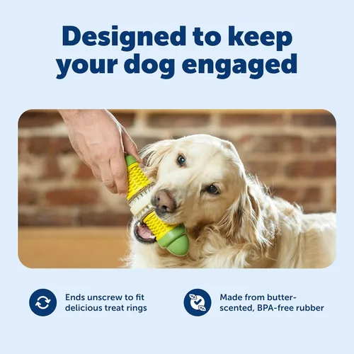 Vista 3 de PetSafe Busy Buddy Cravin' Corn - Juguete ajustable de alimentación lenta con anillos recargables para golosinas - Limpia dientes y encías, cura