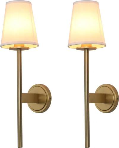 Vista 10 de PERMO Juego de 2 apliques de pared modernos y elegantes vintage con pantalla de tela blanca acampanada, pantalla de sala de estar, mesita de noche