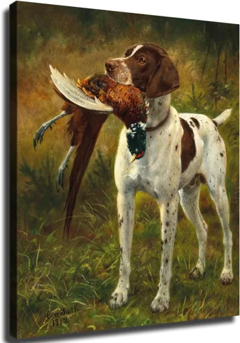 Póster impreso con texto en inglés «A Hunting Dog with a Pheasant» (Un perro de caza con un faisán), arte y arte de pared, póster moderno para