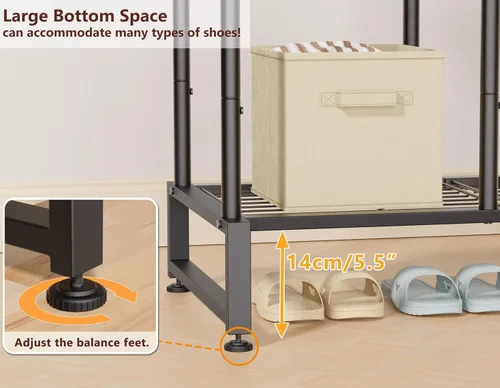 Vista 6 de Perchero de doble barra con estantes de almacenamiento de 4 niveles, perchero para colgar ropa, organizador multifuncional de ropa resistente