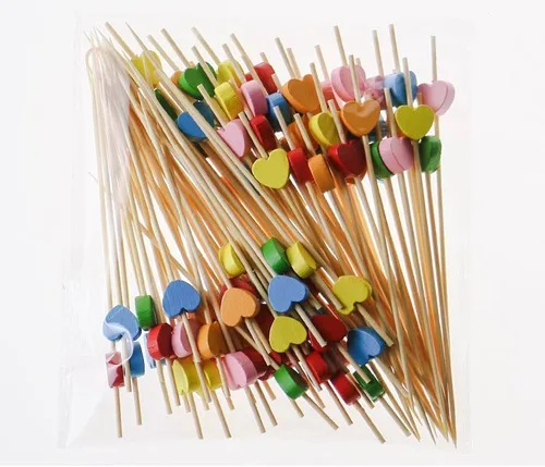 Vista 2 de 100 palillos de cóctel de corazón de caramelo, palillos de dientes de frutas, palillos de dientes de bambú, palillos decorativos de frutas