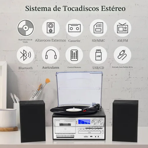 Vista 2 de MUSITREND Tocadiscos 10 en 1 con altavoces externos, giradiscos de 3 velocidades con radio AM/FM, reproductor de CD y casete, Bluetooth