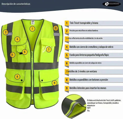 Vista 4 de JKSafety Chaleco de seguridad frontal con cremallera de alta visibilidad Clase 2 de 9 bolsillos con tiras reflectantes, cumple con las normas