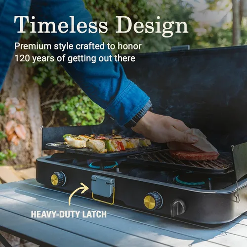 Vista 3 de Coleman 1900 Collection - Estufa de camping de propano 3 en 1, parrilla de hierro fundido y accesorios incluidos, 24,000 BTU en 2 quemadores