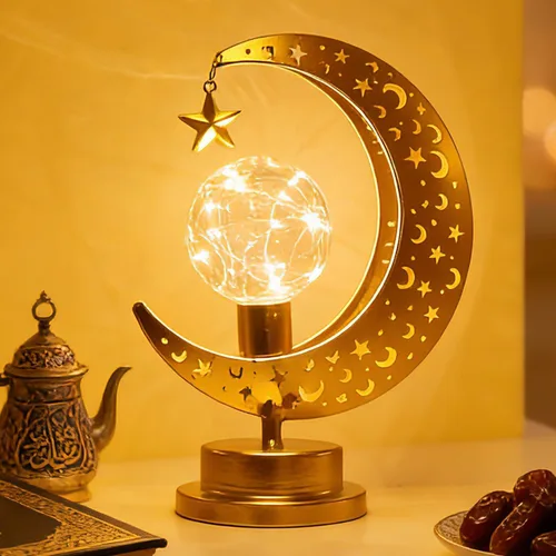 Vista 10 de Decoración de Ramadán, luces de Ramadán de luna y estrella para mesa, decoraciones de Ramadán para el hogar, interior y exterior, lámpara de luna