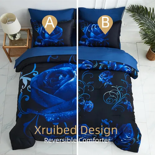 Vista 2 de Xruibed Juego de edredón azul de 7 piezas en una bolsa, juego de cama completo, edredón con diseño de rosas azules, juego de ropa de cama reversible