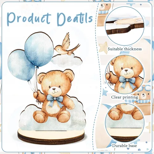 Vista 3 de 16 piezas de centro de mesa de madera para baby shower con oso azul desmontable, señal de mesa "Es un niño", revelación de género, decoración