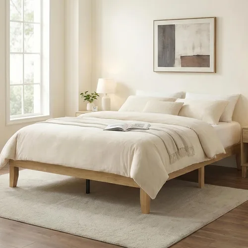 Vista 9 de Marco de cama tamaño Queen, marco de cama de plataforma de madera con listones y patas de madera maciza, sin ruido, no necesita somier, fácil