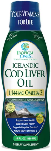 Tropical Oasis - Aceite de hígado de bacalao islandés | Máxima fuerza 1144 mg de aceite de pescado líquido natural omega-3 capturado en la