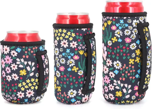 Vista 8 de 3 Pack de fundas aisladas reutilizables de neopreno con asa para soda, bebida energética, refresco, cerveza, seltzer duro, fundas para latas de 12