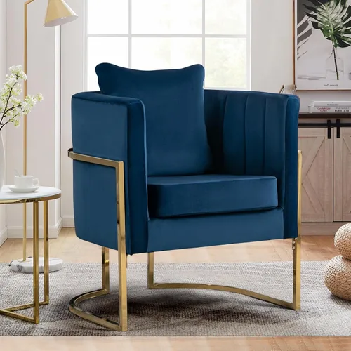 Vista 23 de Silla moderna de cuero, sillón tapizado de mediados de siglo con almohada para sala de estar, cómoda silla de tocador individual con patas doradas