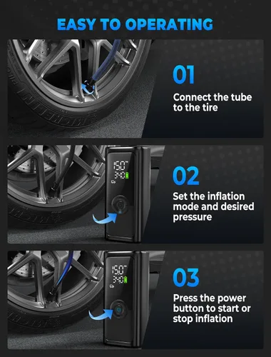 Vista 7 de Inflador de neumáticos, compresor de aire portátil, bomba de neumáticos inalámbrica de 150 PSI, apagado automático y 3 luces LED, bomba de aire