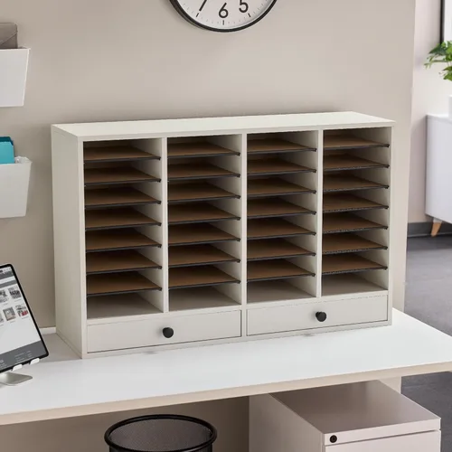 Vista 6 de Organizador para libros, hecho en madera y con compartimentos ajustables. Tamaño mediano., Gris