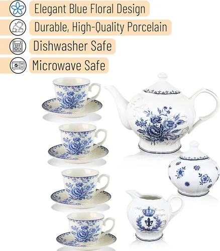 Vista 3 de Juego de té de China de 11 piezas (sueño azul), servicio de té de China, juego de té para adultos, tazas de té, tetera de China, servicio de té