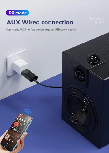 Vista 6 de Receptor transmisor Bluetooth 5.3, adaptador USB inalámbrico auxiliar de 0.138 in, baja latencia, micrófono integrado, transmisión de música