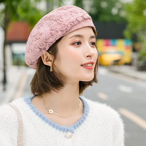 Vista 4 de Teanea Gorros de boina de verano de encaje para mujer, boinas británicas, para primavera y verano