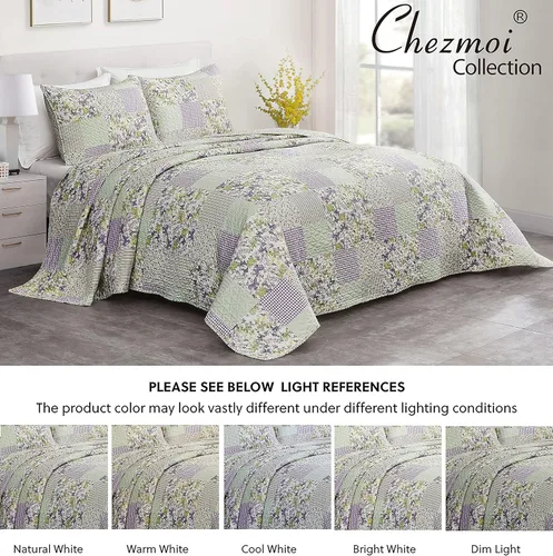 Vista 5 de Chezmoi Collection Daisy - Juego de edredón de 3 piezas con estampado de retazos Colcha a cuadros de caramelo botánico de mariposas moradas Colcha