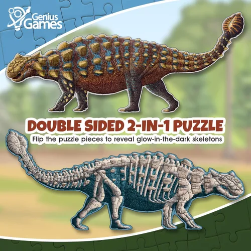 Vista 3 de Ankylosaurus - Rompecabezas de dinosaurio Rompecabezas de piso de doble cara de 100 piezas con esqueleto que brilla en la oscuridad en el otro