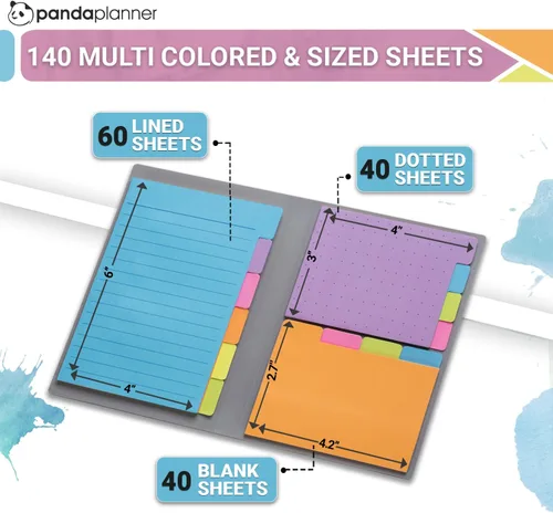Vista 3 de Panda Planner Juego de notas adhesivas – 140 colores surtidos de primavera con pestañas, punteadas, rayadas y notas en blanco – Pestañas adhesivas