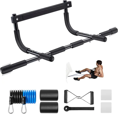 Ally Peaks Barra de dominadas para puerta | Límite máximo de acero grueso de 440 libras para la parte superior del cuerpo | Fuerza de agarre Negro