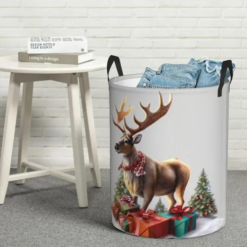 Vista 8 de Cesta circular con estampado de renos para regalo de Navidad, impermeable, cesta organizadora de lavandería, con asas, para ropa, juguetes, pequeña