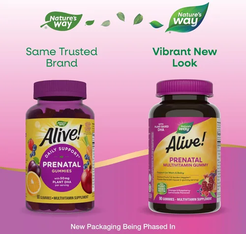Vista 2 de Nature's Way ¡Alive! Vitaminas prenatales gomosas, suplemento multivitamínico prenatal con DHA a base de plantas para el desarrollo cerebral