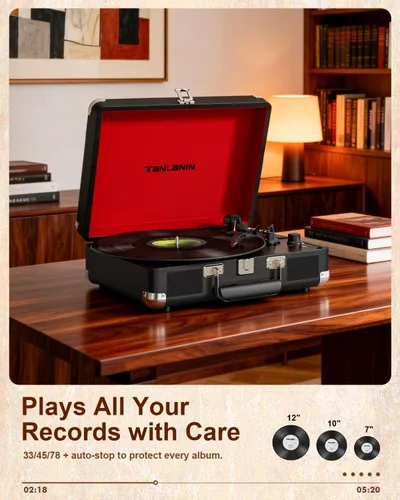 Vista 5 de TANALNIN - Tocadiscos de vinilo, tocadiscos portátil de maleta con Bluetooth de 3 velocidades con altavoces integrados, grabación USB, salida RCA