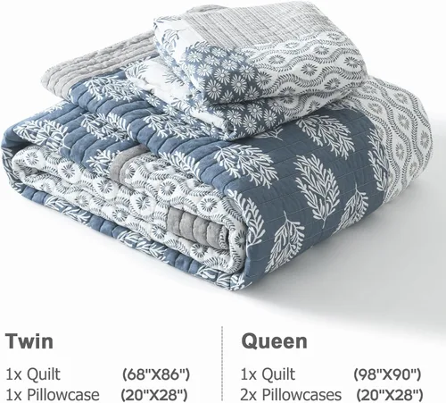Vista 5 de Finlonte - Juego de edredón de algodón, individual, floral, rural, retazos reales, reversible, ligero y de color azul, gris y blanco para cama