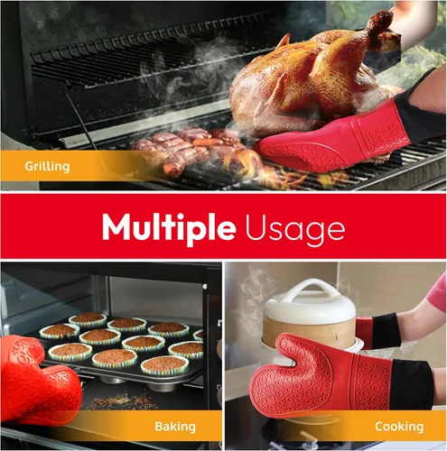 Vista 7 de Juego de guantes de horno de silicona, guantes de horno extralargos resistentes al calor con acolchado de algodón, guantes de cocina para cocinar