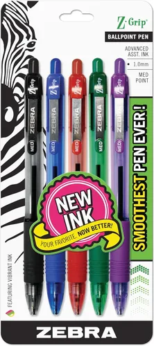 Bolígrafo Zebra Pen Z-Grip retráctil, punta media, 1.0 mm, varios colores - 5 unidades