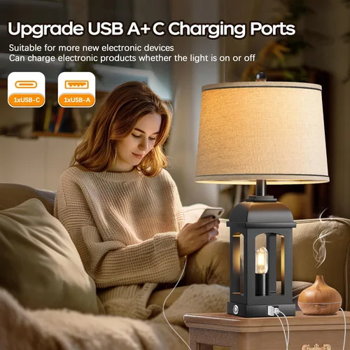 Vista 4 de QiMH Lámpara de mesa para sala de estar, lámparas de granja con USB A+C y luz nocturna, lámparas de noche rústicas de 26" con control táctil
