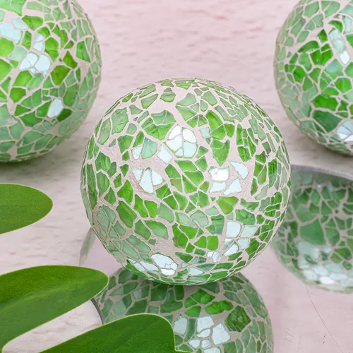 Vista 5 de Bola decorativa de mosaico de 2.6 pulgadas, 3 piezas, esfera sólida de vidrio para jarrones, mesas de café, accesorios de fiesta, decoración de Verde