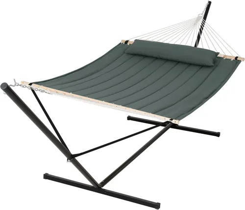 Vista 13 de SUNCREAT Hamaca para dos personas con soporte, capacidad de 475 libras, hamaca portátil para patio con barra separadora de madera dura, almohada