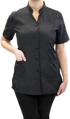 CHARLENE Anna Jacket - Uniforme de manga corta para estilista, peluquero, peluquero, cuidado de la piel, bata para maquilladores Negro