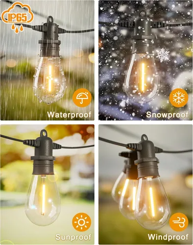 Vista 4 de Guirnalda de luces LED para exteriores de 30 pies con 10+1 bombillas Edison inastillables IP65, impermeables, regulables de 2700 K, luces de patio