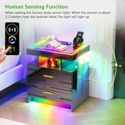 Vista 12 de HNEBC Mesita de noche LED, mesita de noche negra con estación de carga, USB + tipo C + carga inalámbrica, mesita de noche inteligente con sensor