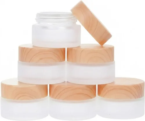 Vista 10 de 6 piezas de contenedor de cosméticos de vidrio con tapa de grano de madera, frasco cosmético rellenable, contenedor de crema de vidrio esmerilado