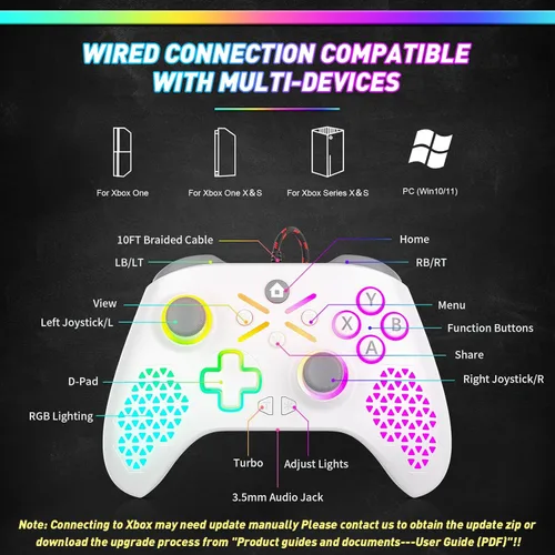Vista 3 de LED Lighting 10ft Wired PC Controller for Xbox One, Xbox Series XS, Xbox One XS, PC Windows Wired Gamepad Support 3.5mm Headset Jack, RGB LED Light
