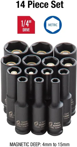 Vista 3 de Sunex Tools 1831, juego de llaves de impacto magnético profundo de 1/4 pulgada, 14 piezas, métrico, 4 mm - 15 mm, acero de aleación Cr-Mo, estuche