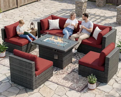 Vista 22 de BULEXYARD Juego de muebles de exterior de respaldo alto de 7 piezas con hoguera, juego de sofá de patio de mimbre duradero para todo tipo de clima