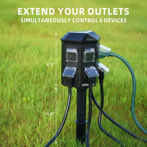 Vista 3 de TiFFCOFiO Tira de alimentación para exteriores resistente a la intemperie, cable de extensión de 15 pies con estaca, 6 tomas de tierra