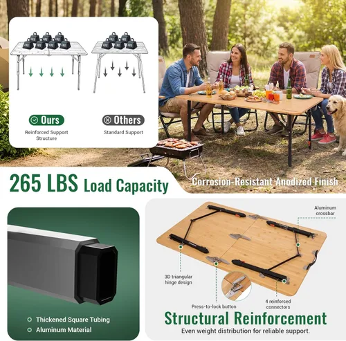 Vista 6 de KingCamp Mesa plegable de bambú, mesa de campamento portátil grande de 47 pulgadas con patas de altura ajustable para suelo irregular, superficie