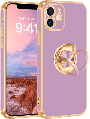 Vista 14 de Fingic Funda para iPhone 12 con Soporte de Anillo, [Soporte de Anillo Giratorio de 360° Magnético con Base] [Borde Dorado Brillante con Enchapado]