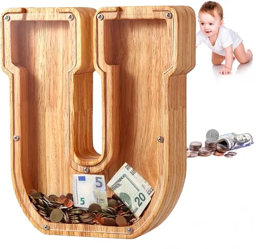 Vista 50 de UBeesize alcancías de letras para niños y niñas, alcancía de madera personalizada para billetes y monedas, caja de dinero, regalo de cumpleaños