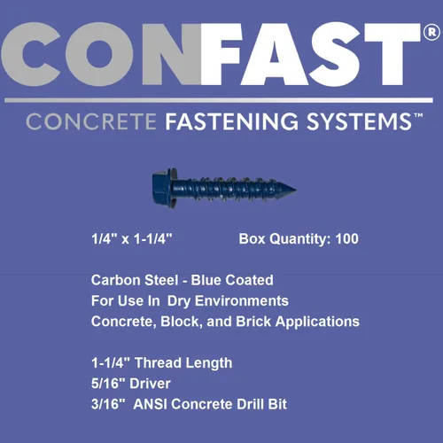 Vista 3 de CONFAST Anclaje de tornillo de hormigón con cabeza hexagonal de 1/4 x 1-1/4 pulgadas con broca para anclar a mampostería, bloque o ladrillo