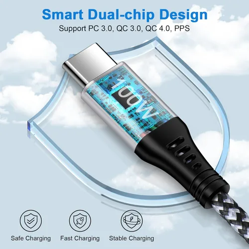 Vista 6 de Cable Pixel de 100 W tipo C a tipo C para Google Pixel 10, 10a, 9, 8, 7, 6 pies, PD 5A, cable USB C a USB C, cable trenzado de nailon tipo C